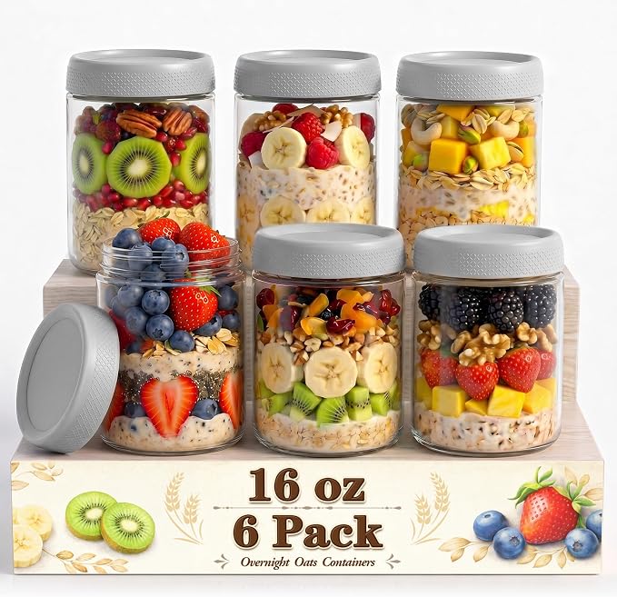 Mason Jars 16 oz with Lids, Yogurt Containers with Lids, Overnight Oats Jar | Parfait Cups with Lids for Oatmeal, Glass Jar with Lid for Storage, Food, Pudding, Sugar, Salad, Snack, Kitchen, Jam, Gray