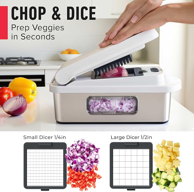 MUELLER HOME Pro-Series 10-in-1, Stainless Steel Multi Vegetable Chopper | 8 Blade Mandoline Slicer, Kitchen Accessories and Essentials, Food and Veggie Chopper, Mincer, Dicer, White Sand/Grey