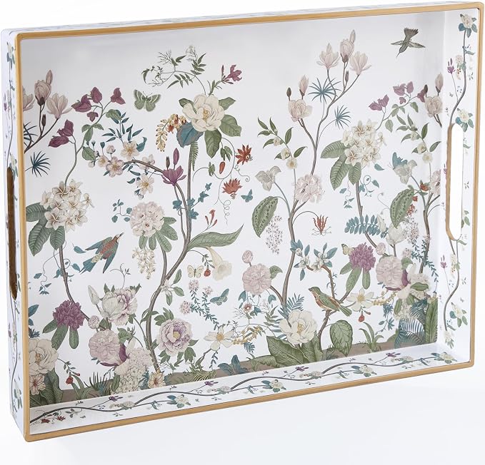 Serving Tray with Handles, Rectangular Plastic Tray 15.75x11.81 Inch, Floral Art with Peony, Hydrangea, Magnolia & Magpie Style Decorative Tray for Kitchen, Dining Table, Vanity, Office & Home