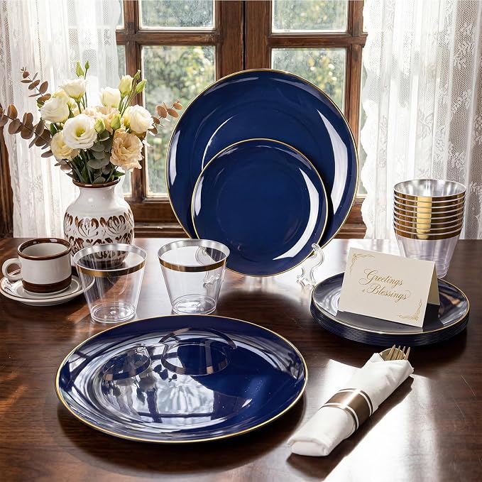 KIRE 175Pcs Blue Plastic Plates - Navy Blue Plates Disposable - 25 for Dinner 25 for Dessert 25 Pre Rolled Napkins with Gold Plastic Silverware and 25 Cups for 4th of July/Wedding/Party