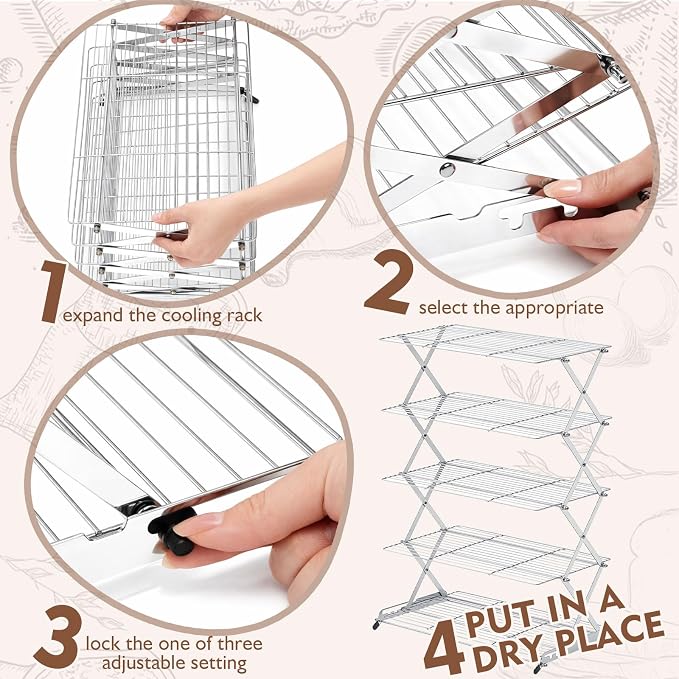 Novabright 5 Tier Collapsible Cooling Rack for Baking, 16'' x 10'' Stainless Steel Stackable Baking Rack for Cookies Bread, Oven Safe Roasting, Space Saving Kitchen Essentials Gifts for Women, Silver
