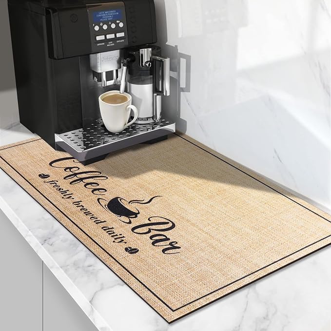CooRug Fashion Coffee Mat, Dish Drying Mat 16" x 24" Beige | Hide Stain, Absorbent, Coffee Bar Accessories, Heat Resistant, Non-slip, Eco-friendly, Easy to Clean