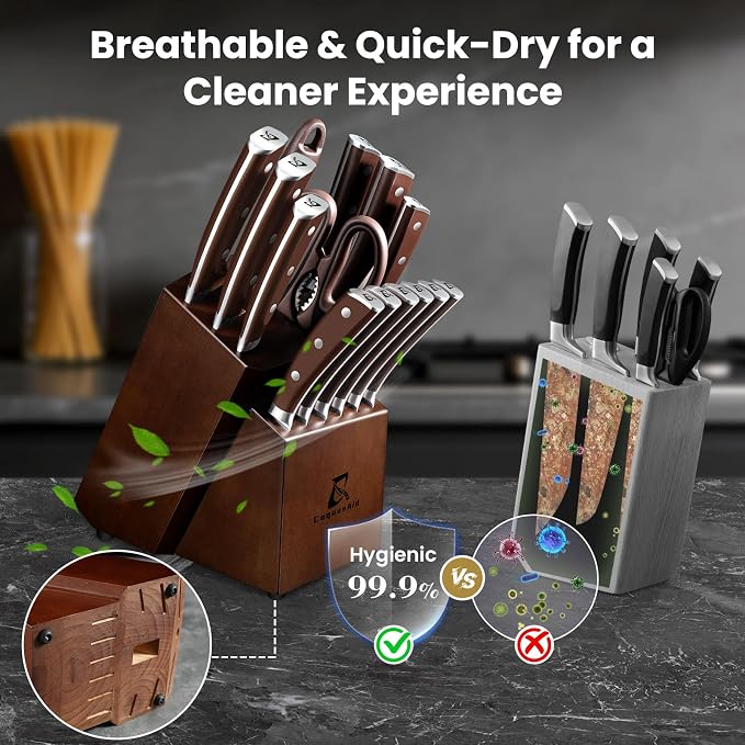 CoquusAid Knife Set, Upgrade 15 Pcs Knife Block Set with Widened Ventilated Slot, German Stainless Steel Kitchen Knives Set with Sharpener, Professional Chef Knives Set, Full Tang Ergonomic Handle