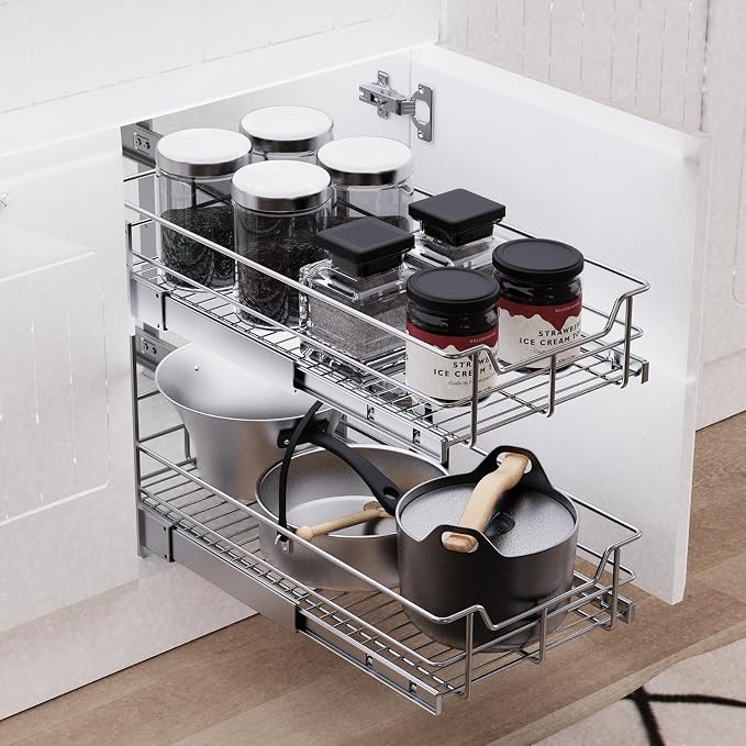 2 Tier Pull Out Cabinet Organizer 18" W X 22" D, Chromed, Full Slide Out | For Kitchen Organizers and Storage, Pull Out Drawers For Cabinets Capacity Heavy Duty Caddy, Cabinet Shelves, Bathroom Pantry