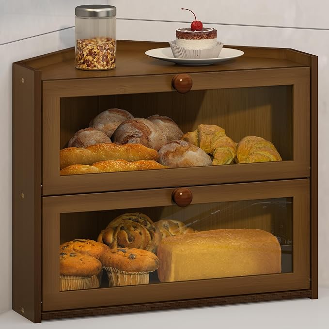 JANSNIMEN Corner Bread Box for Kitchen Countertop Bamboo Bread Holder Large | Large Capacity Bread Container Storage Wooden Farmhouse Breadbox (Brown, 16.6"L x 12.28"W x 14.17"H)