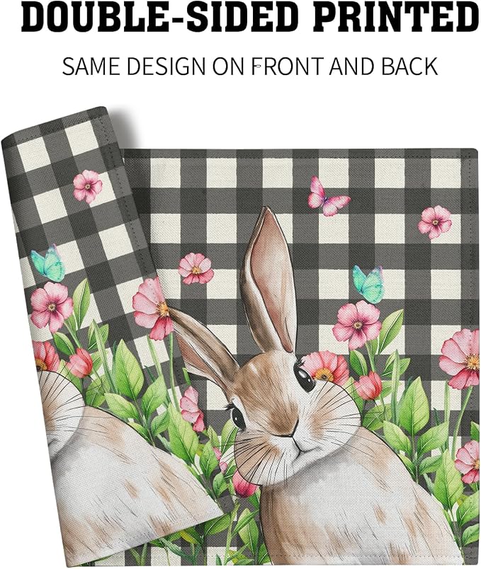 Buffalo Plaid Bunny Placemat Set of 4 12 x 18 Inch Pink Flowers Butterfly Farmhouse Linen Fabric Table Mats Outdoor Spring Seasonal for Party Kitchen Dining