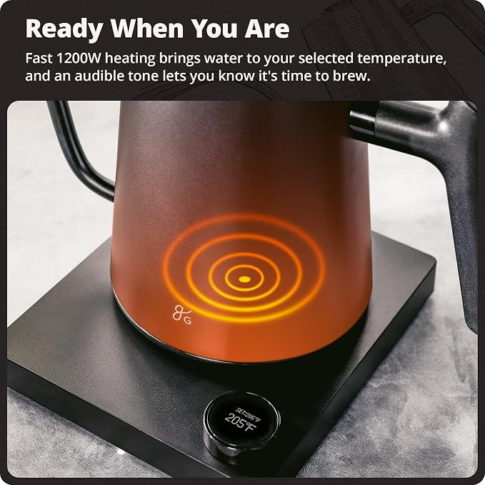 Greater Goods Gooseneck Electric Kettle, 1200W Temperature Control, 0.8L | Pour-Over & Tea Kettle with Stainless Steel Interior, Built-In Brew Timer, Fast Heating for Chemex, V60, & Matcha (Black)