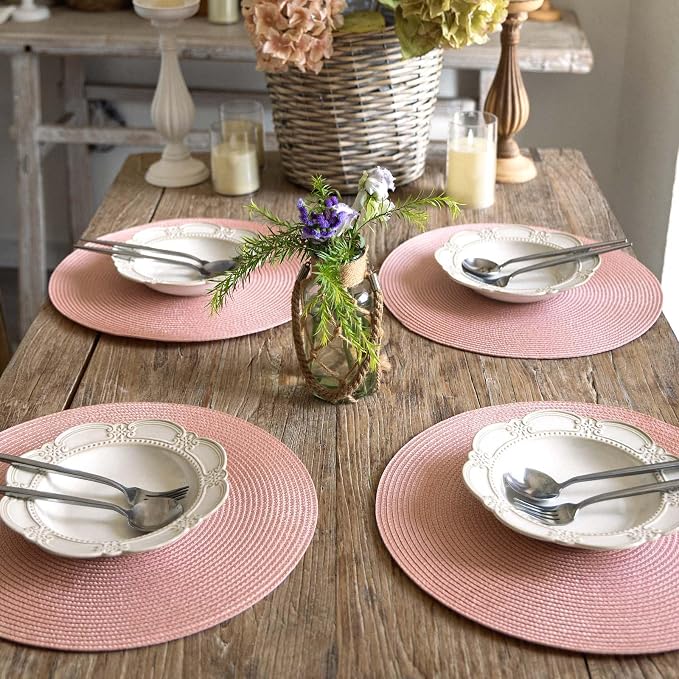 FunWheat Round Braided Placemats Set of 8 Place Mats for Dining Table Woven Washable Non-Slip Table Mats 15 Inch(Pink,8pcs)
