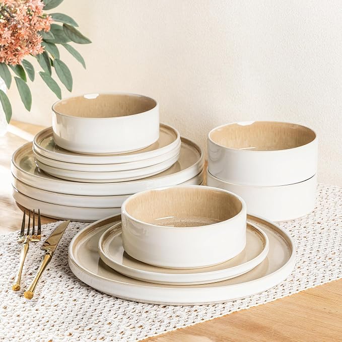 AmorArc Ceramic Dinnerware Sets for 4,12 Piece Plates and Bowls Sets Dishes | Stoneware Handmade Reactive Glaze Dishes Set | Highly Chip and Crack Resistant | Dishwasher & Microwave Safe