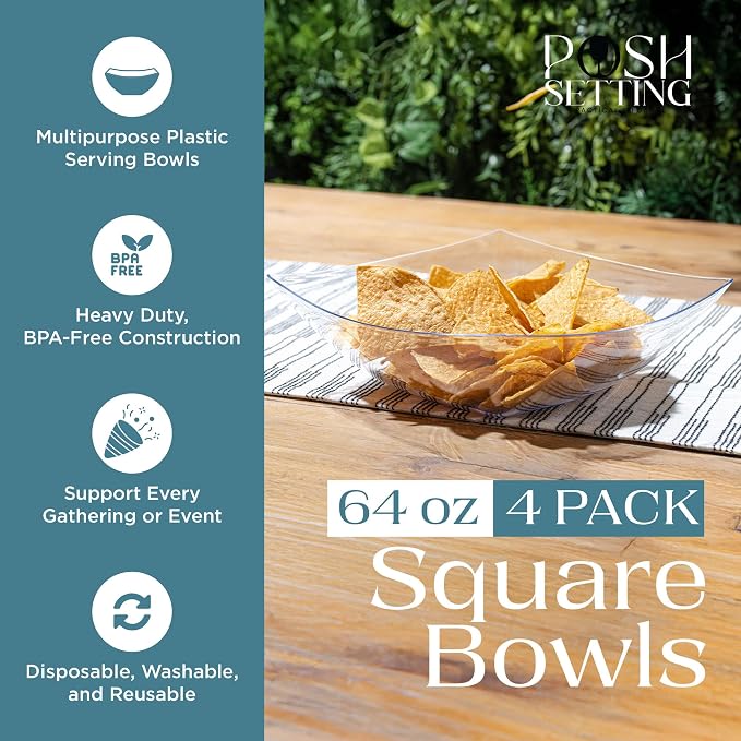 4 Pack Disposable Clear Plastic Serving Bowls Square Party Candy Use 64oz | Square Design. Disposable Party Tableware. Salad, Fruit & Candy Use. Candy Buffet Containers. Clear Plastic.