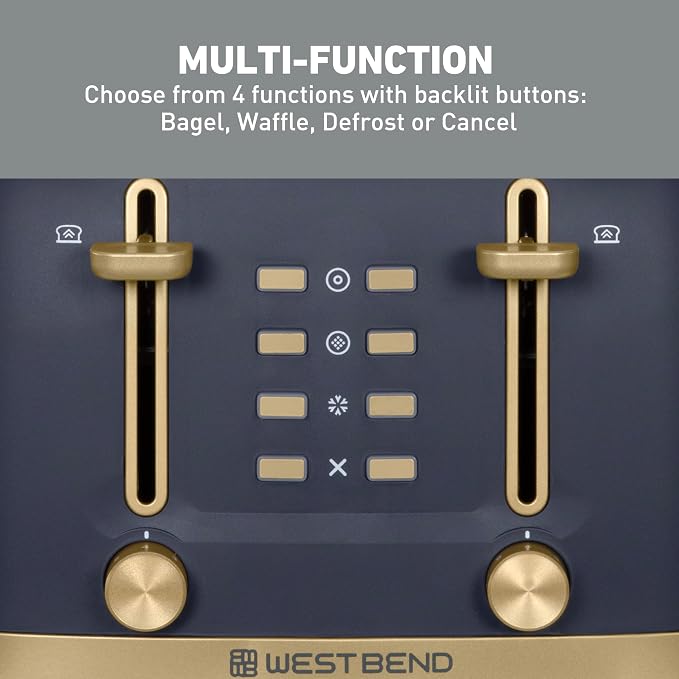 West Bend Timeless 4-Slice Toaster with 7 Browning Levels, Bagel/Waffle/Defrost Settings, High-Lift Lever, Anti-Jam, Easy-Clean Crumb Tray, 4-Slice, Blue/Gold