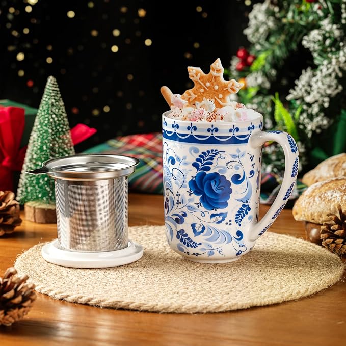 GBhome Tea Mug with Infuser and Lid,18 Ounce Ceramic Loose Leaf Cup Steeper | Lead-Free Glaze For Tea Lovers,Microwave & Dishwasher Safe with Tea Strainer