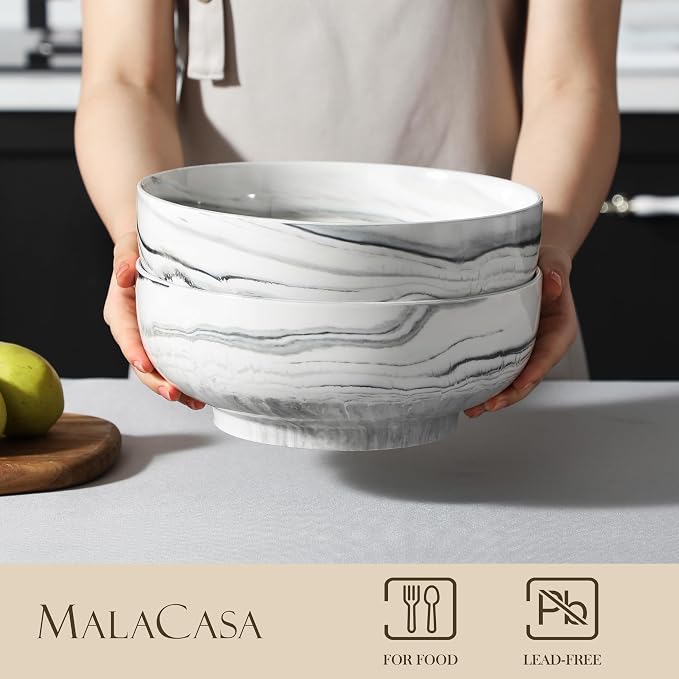 MALACASA Large Serving Bowls, 114 OZ(10") Ceramic Salad Bowls Set of 2 | Marble Grey Bowls for Salad, Soup, Pasta, Dinner, Porcelain Bowls Set for Entertaining, Microwave Safe, Series REGULAR