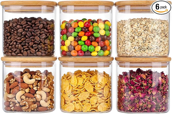 6pcs Glass Food Storage Containers with Bamboo Lids, 0.6qt Glass Jars | Square Airtight Pantry Storage Jars for Flour, Sugar, Dry Goods