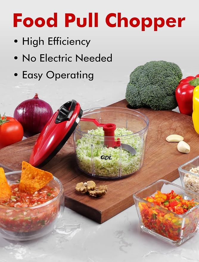 GDL Food Chopper, Vegetable Chopper, Pull String Onion Chopper Dicer, 800ML | Manual Chopper Dicer for Oinon, Garlic, Nut, 420 Stainless Steel Blade, Dishwasher Safe, Fast Cutting, Anti-Slip Base, No BPA