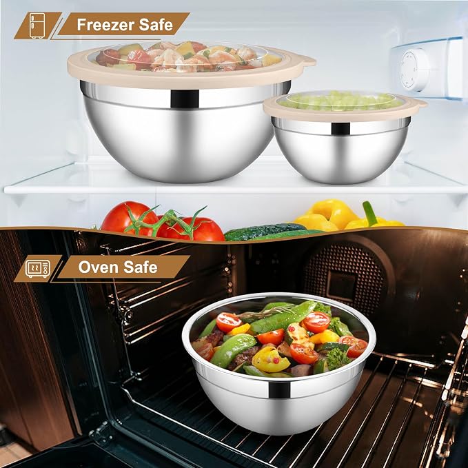 LIANYU 6 PCS Mixing Bowls with Visible Lid, Size 7, 3.5, 2.5, 2, 1.5, 1QT | Large Stainless Steel Nesting Bowl Set, Metal Kitchen Serving Bowls for Cooking, Baking, Freezer & Dishwasher Safe, Khaki