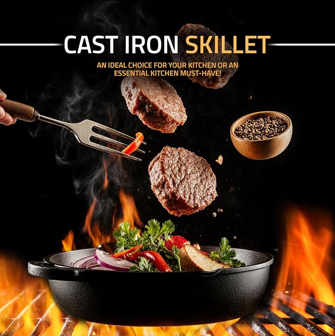 Utopia Kitchen Cast Iron Skillet 12 Inch Pre-Seasoned PFAS-Free Black | Chef Pan, Even Heat Distribution, Stovetop, Oven, Campfire and Grill Safe, Large Skillet, Indoor Outdoor Use