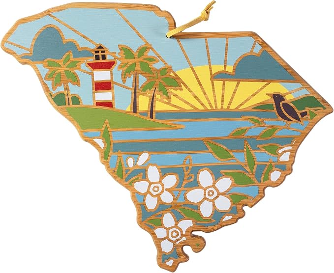 Totally Bamboo South Carolina State Shaped Cutting Board, Summer Stokes Art | State charcuterie board with colorful hand-drawn landscape art. Smooth reverse side for food prep. Hang tie for wall display.