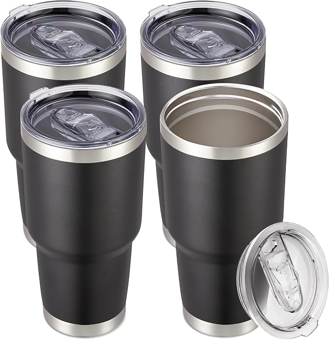 30 oz Tumbler with Lid Stainless Steel Tumblers Bulk, 4 Pack | Vacuum Insulated Cup, Leak Proof Lid, Powder Coated Travel Mug, Double Wall, Keep Cold Drinks for 12 Hours, Black