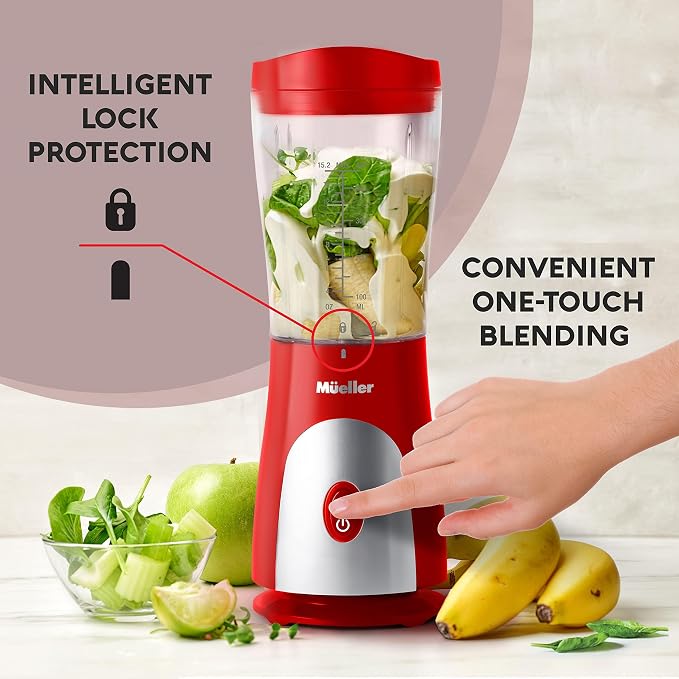 Mueller Heavy-Duty Personal Blender for Shakes and Smoothies with a 15 Oz Travel Cup and Lid, Juices, Baby Food, Portable Blender & Food Processor, Red