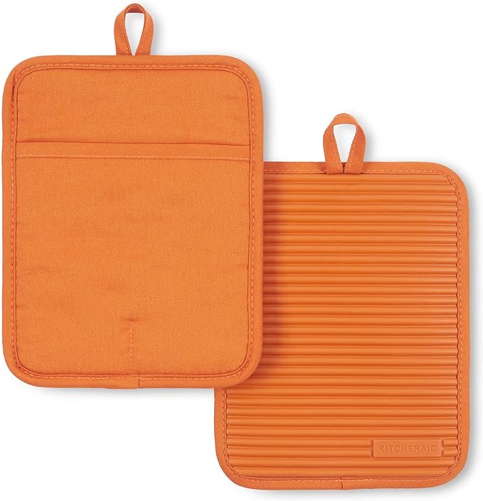 KitchenAid Ribbed Soft Silicone Pot Holder 2-Pack Set, Honey, 7"x9"