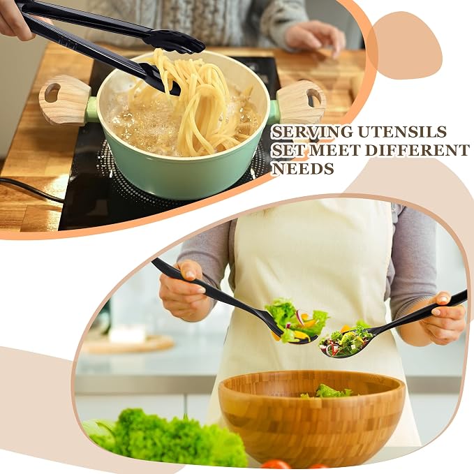 Mwellewm 72Pcs Plastic Serving Utensils Set 10 inch Disposable Serving Spoons Forks Tongs for Serving Food Large Heavy Duty Black Large Party Utensils Supplies for Buffet Restaurant Dinner Salad Soup