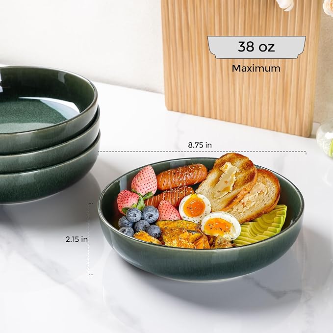 GBhome 8.75'' Large Ceramic Pasta Bowls, 38oz Stoneware Pasta Serving Bowls Set of 4 for Kitchen, Wide Bowls for Fruit,Pasta,Salad,Oatmeal,Meal, Microwave Safe, Reactive Glaze-Earth Green