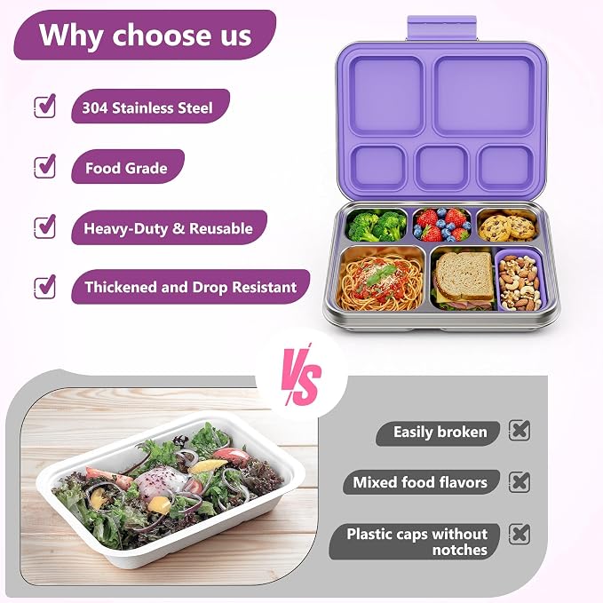 Pawtong Stainless Steel Lunch Box, 5-Compartment Bento Lunch Box for Kids & Adults,Metal Lunch Box with Removable Silicone Container, Lunch Box Containers for School,Office(Purple)