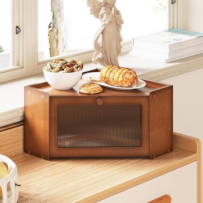 Trironsun Corner Bamboo Bread Box for Kitchen Counter Large Capacity Rustic Bread Storage Container with Wavy Arcylic Transparent Door Vintage Storage for Homemade Bread (Brown)