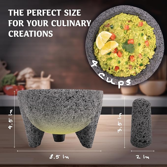 Mexican Molcajete 8in, Handmade with Natural Volcanic Stone, Mortar and Pestle Set for Guacamole, Spices, Salsa, Pesto & More, Authentic Lava Rock, Includes Free Tortilla Warmer