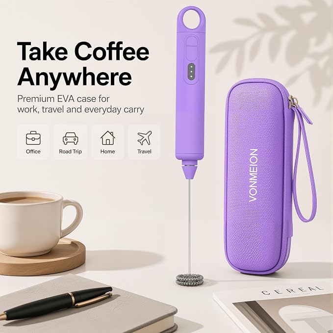 Rechargeable Milk Frother Handheld 3 Speed Coffee Foamer [3 Whisk] Electric Drink Mixer for Latte, Cappuccino, Coffee, Eggs, Hot Chocolate, Purple