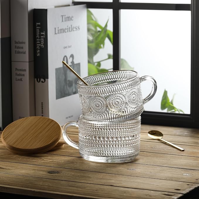 LANDNEOO 12pcs Set Irish Coffee Glasses, Vintage Coffee Mugs, Overnight Oats Containers with Bamboo Lids and Spoons - 14oz Clear Embossed Glass Cups, Cute Coffee Bar Accessories, Iced Coffee Glasses