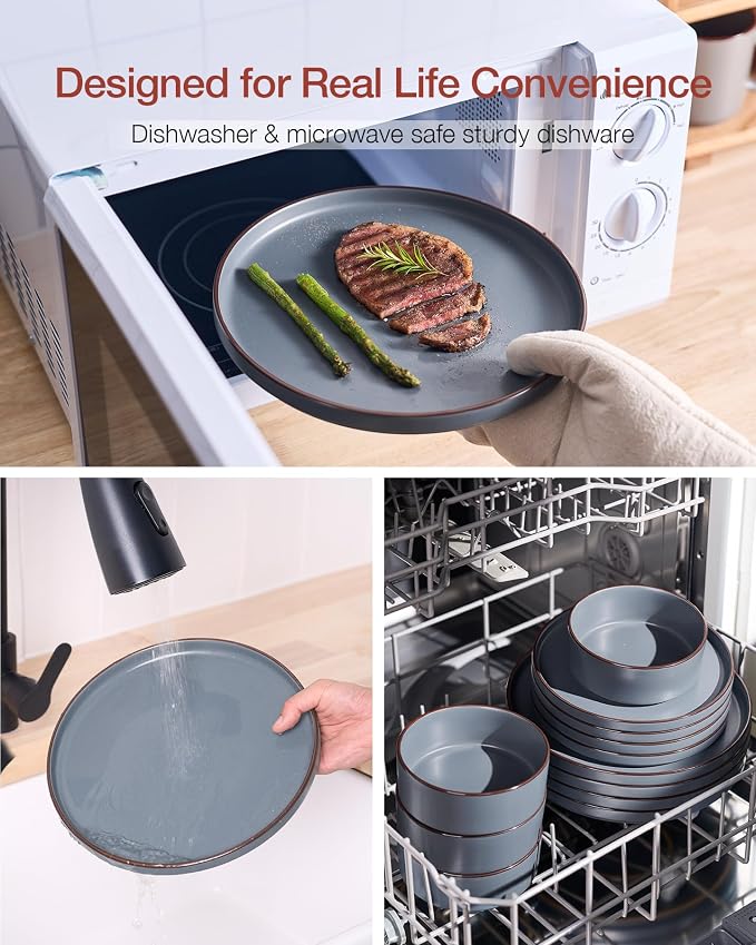 Famiware Nebula Ridge 24-Piece Stoneware Dinnerware Set, Charcoal | Plates and Bowls for 8, Warm Hand-Painted Rims, Microwave and Dishwasher Safe, Daily Essentials