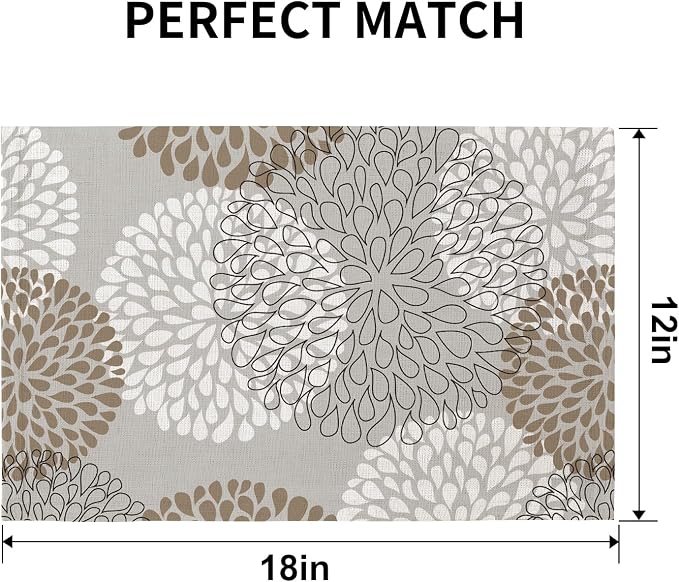 QIYI Boho Table Placemats Set of 4, 12"x18" Linen Place Mats, Brown Bloom | Fabric Place Mats for Kitchen Dinning, Farmhouse Rustic Cloth Table Mats, Washable Placemat Party Table Décor