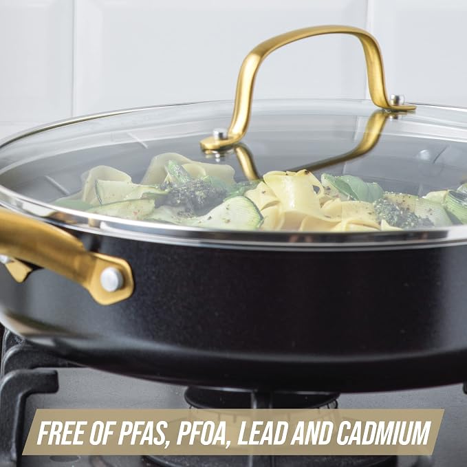 Blue Diamond 4QT Saute Pan with Lid, Non Toxic Induction PFAS-Free Diamond Ceramic Nonstick, Dishwasher & Oven Safe, Metal Utensil Safe, Gold Handle & Helper Handle, Jumbo Skillet, Glass Lid, Black