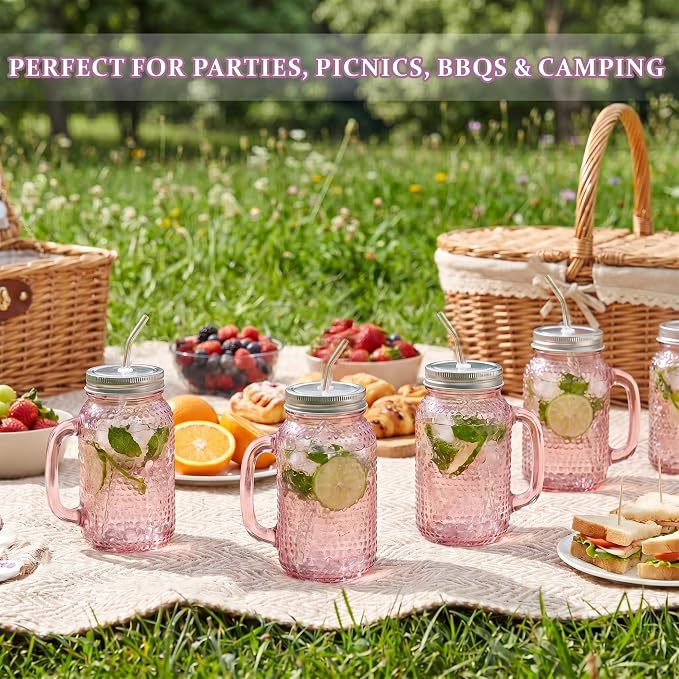 DaYammi 6 Pack 24oz Hobnail Mason Jars Cups Drinking Glass Cups with Lids & Straws, Pink Wide Mouth Mason Jars Cups with Handle, Tumblers for Coffee Smoothies, Iced Tea, Juice, Beer, Cocktail, Whiskey