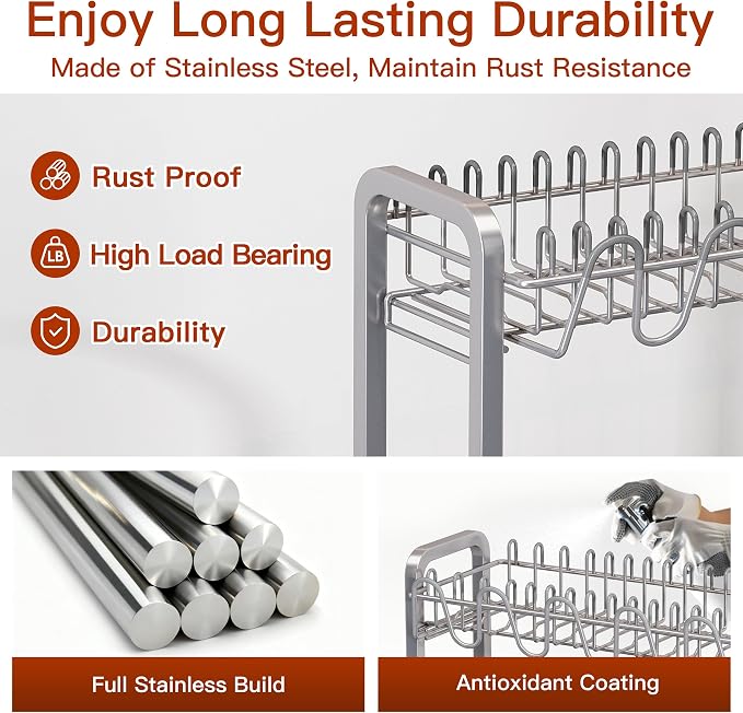 2 Tier Large Stainless Steel Dish Drying Rack for Kitchen Counter | Big Dish Drainer with Drainboard, Cup & Utensil Holder, Space Saving Rustproof Countertop Metal Plate Dryer Rack, Fast Drain