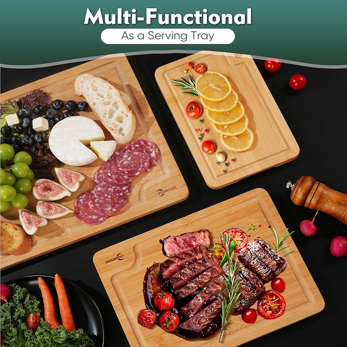 Bamboo Cutting Board Natural Bamboo Set With Smooth Surface 4 Packs with Non Slip Feet Holder and Over Sink Solid Thick Durable Wood Charcuterie Serving Tray Vegetables Fruits Kitchen Gifts (Natural)