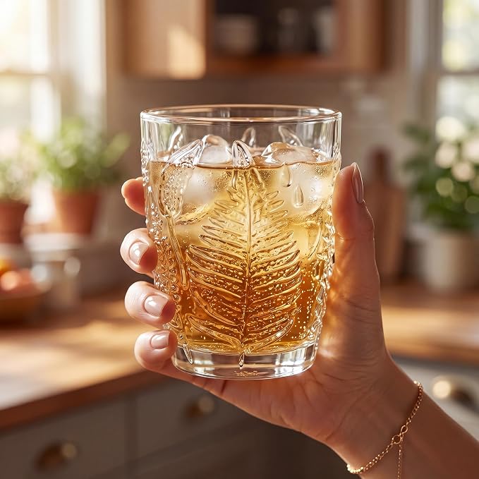 Clear Drinking Glasses Set of 4, 10 oz Glass Cups, Vintage Fern Glassware | Hand-Pressed, Dishwasher Safe, Boho Leaf-Textured Drinkware, Decorative Embossed Lowball Tumblers for Water, Retro Kitchen