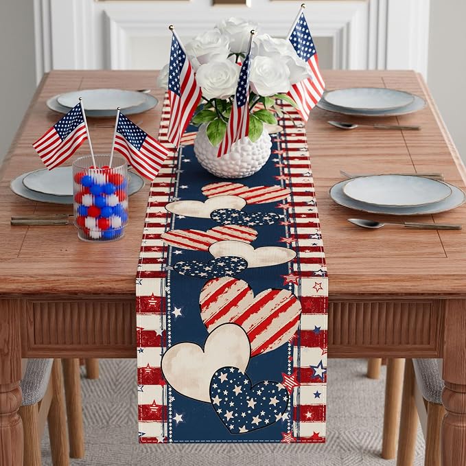 4th of July Table Runner Stripe Stars Heart Memorial Day Independence Day Patriotic America Table Decoration Home Kitchen Dining Indoor Holiday Farmhouse Decor 13x90 Inch