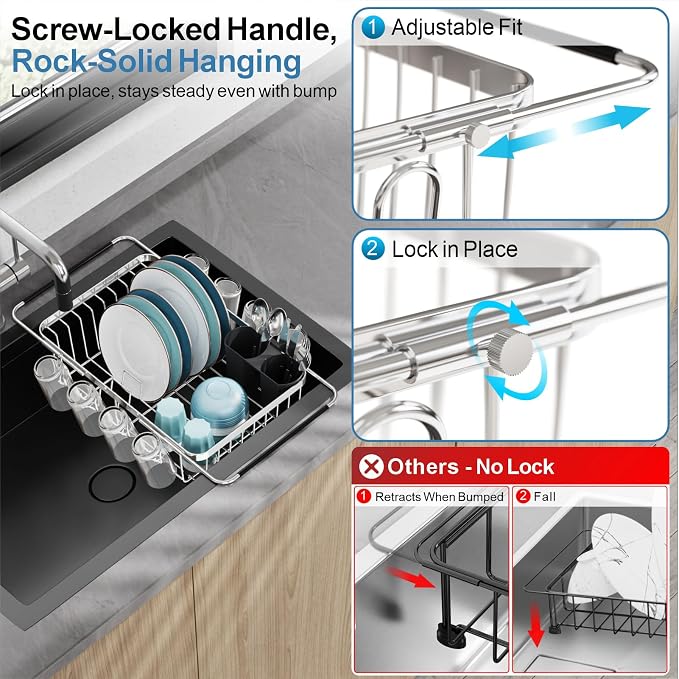 Dish Drying Rack Over the Sink - Expandable Stainless Steel Drainer | Twist-Lock Adjustable Handle, Cup Hooks, Utensil Holder, Compact Design for Apartments, RVs & Small Kitchens, Rust-Resistant