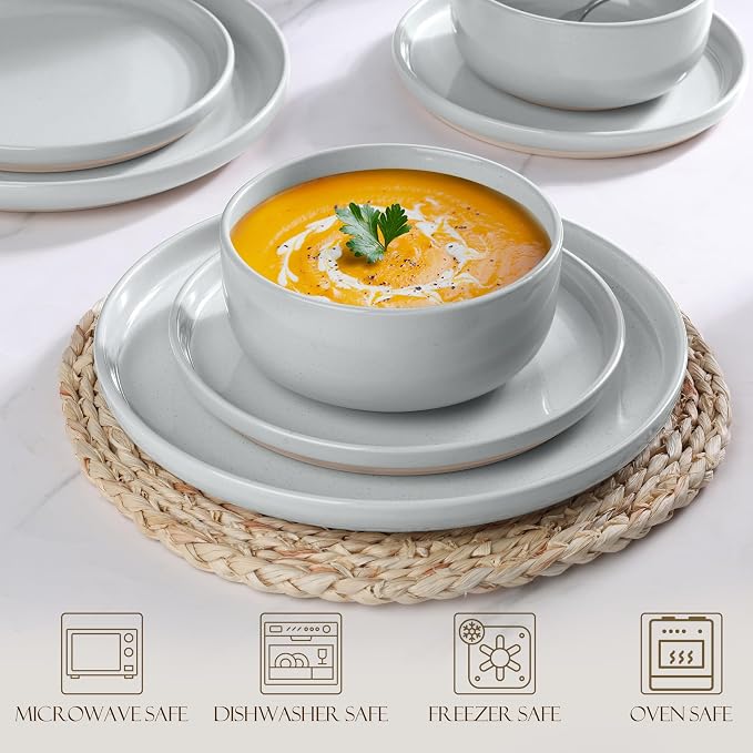 LIANYU Ceramic Dinnerware Dish Sets, Plates and Bowls Sets for 8, 24 PCS Dishware with Dinner Salad Plate and Cereal Bowls, Oven & Dishwasher Safe, Scratch Resistant, Glacier Gray