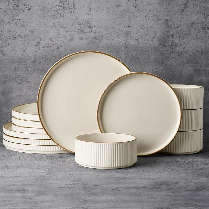 Famiware Plates and Bowls Set with Rim, Stoneware Dinnerware Sets for 4 | 12-Piece Ceramic Dishes with Lipped Edges, Chip & Scratch Resistant, Microwave & Dishwasher Safe, Everyday Formal Use, Cream