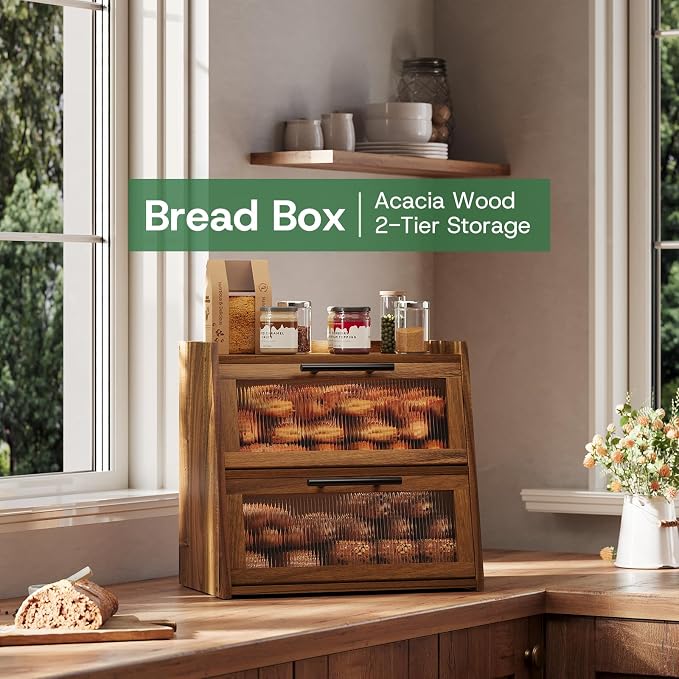 kiplant Bread Box for Kitchen Countertop - Acacia Wood, Wavy Acrylic Door, 2-Layer Bread Storage Container, Large Bread Holder