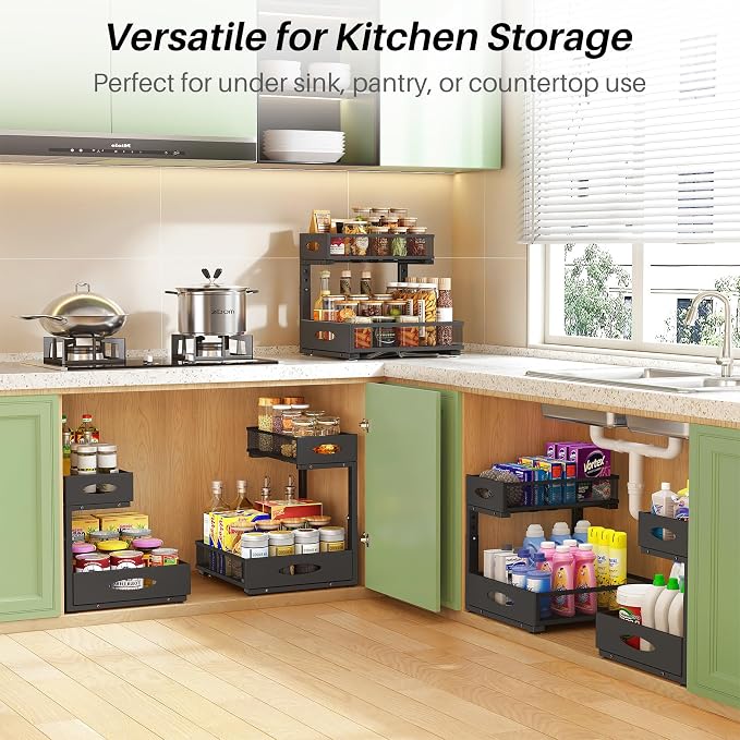 Under Sink Organizer, 1-Pack Pull Out Cabinet Organizer 2 Tier Metal Slide Out Storage Shelf Rack, L-Shaped Adjustable Height,Mesh Sliding Drawer for Kitchen, Bathroom, Laundry, Pantry, Black, XL