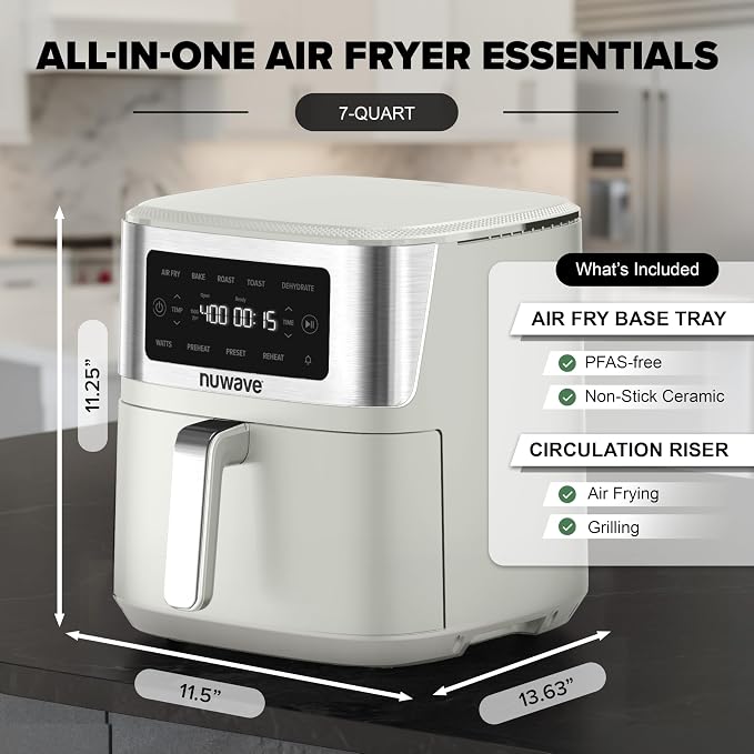 Nuwave Brio Plus 7QT Air Fryer, Extra Crispy Results w/Less Oil, PFAS-Free | Non Toxic, Odor-Free, More Even, 100 One-Touch Presets, 6-in-1: Air Fry, Bake, Roast, Toast, Dehydrate & Reheat, 50°F–400°F