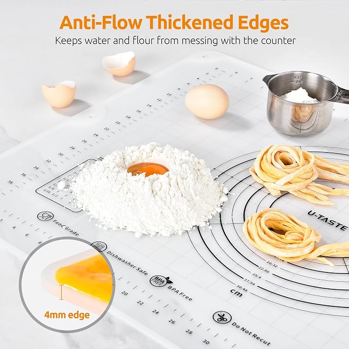 U-Taste Silicone Pastry Mat, Dough Rolling Baking Sheet, 28x20"/Transparent | Food-Grade Liquid Silicone, Non-Stick Non-Slip, Baking Supplies for Pizza Cookie Pie Crust, Clear Measurement & Raised Edges