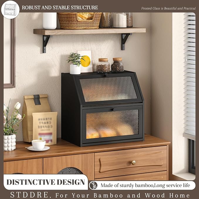 STDDRE Bread Box for Kitchen Countertop Bin Double Layer Bread Box Storage Container Extra Large Capacity with Diamond Pattern Windows (Black, Extra Large)