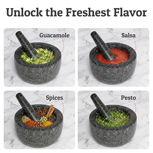 Heavy Duty Large 4 Cup Mortar and Pestle Set, 100% Natural Granite, 7 Inch Diameter Bowl, 7.2 Inch Pestle, Non-Slip Base, Stone Grinder for Guacamole Salsa Pesto Herbs Spices, Black