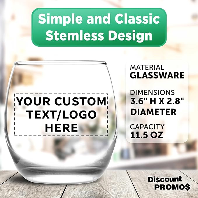 Custom Mikonos Stemless Wine Glasses 11.5 oz. Set of 10/50/100, Personalized Bulk Pack - Restaurant Glassware, Perfect for Red Wine, White Wine, Cocktails - Clear